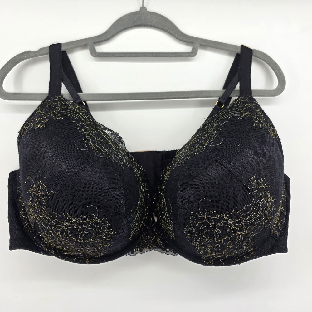 Torrid Lace Trim Plunge Bra Black Gold‎ Floral Print Size 46 DDD push up